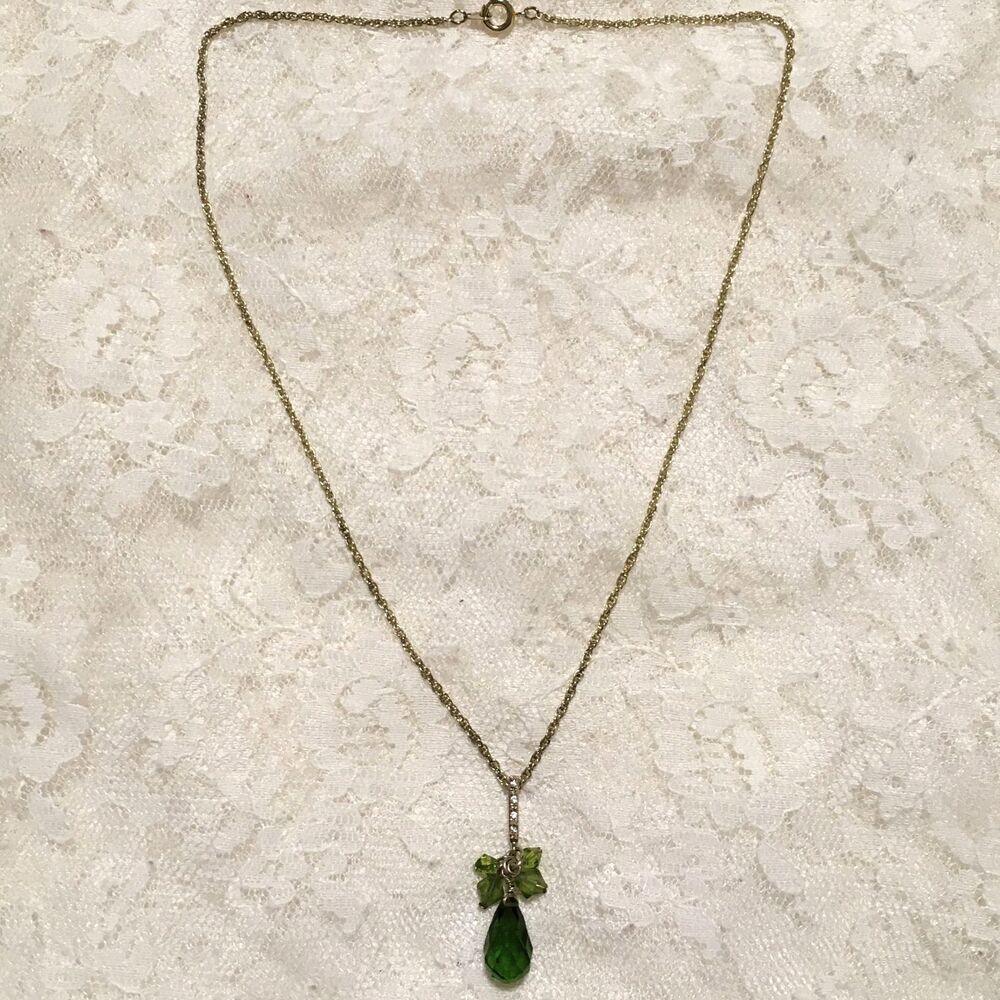 Green Bead Rhinestone Pendant Necklace Gold tone Dainty